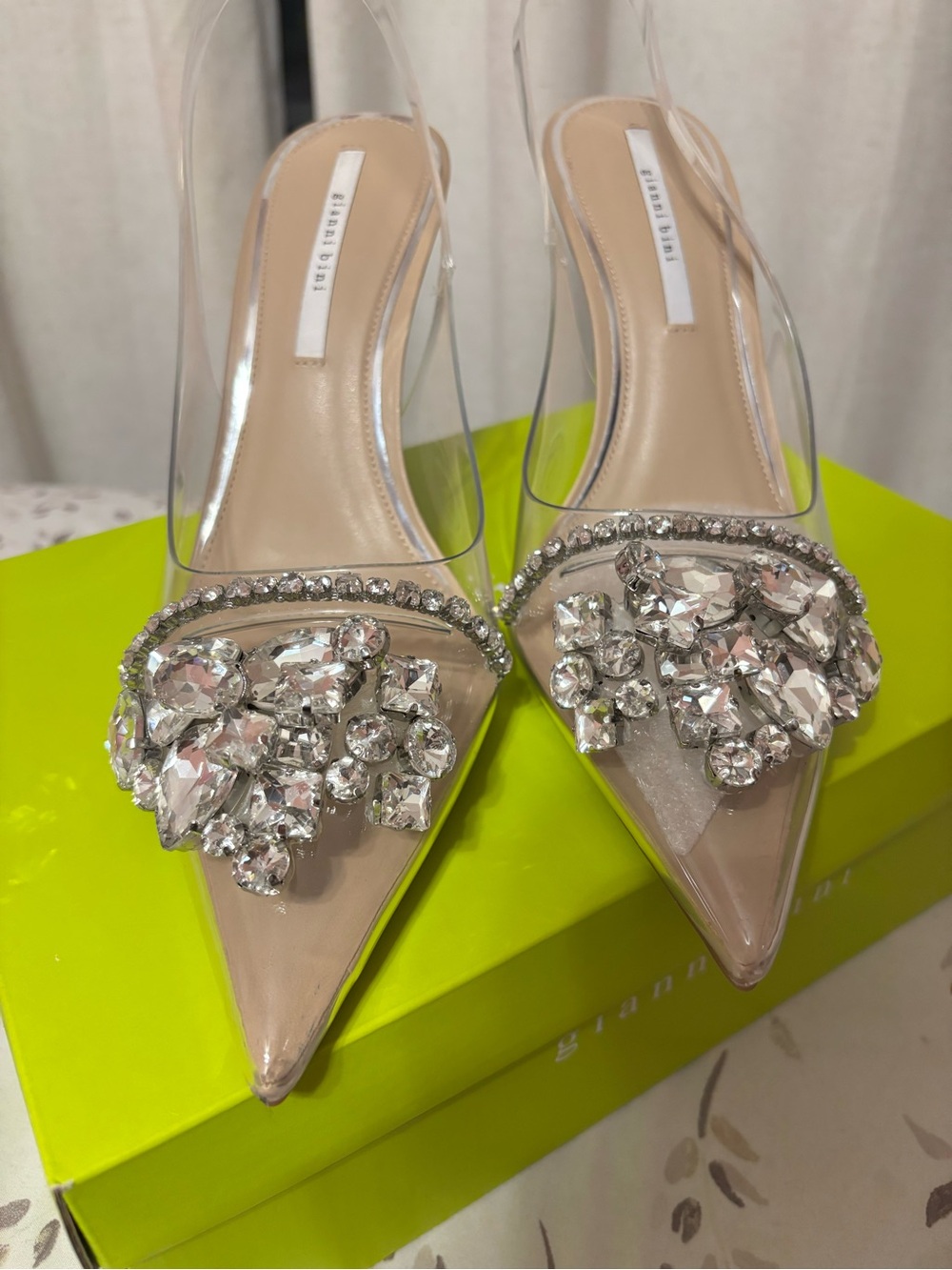 Gianni Bini Nude Clear Pointed Toe Slingback Heels with Crystal Embellishment - Picture 3 of 3